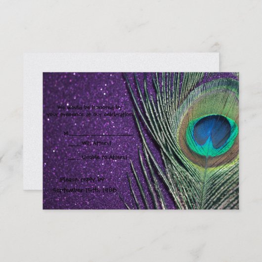 RSVPカードを結婚しているきらびやかな紫色の孔雀 出欠カード (正面/裏面)