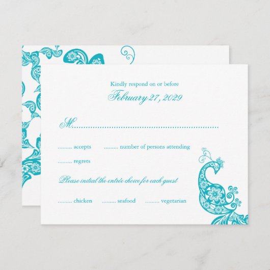 RSVPカードを結婚しているエレガントで青いペイズリーの孔雀 出欠カード (正面/裏面)