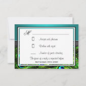 RSVPカードを結婚しているティール（緑がかった色）及び緑の孔雀の羽 出欠カード (裏面)