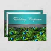 RSVPカードを結婚しているティール（緑がかった色）及び緑の孔雀の羽 出欠カード (正面/裏面)
