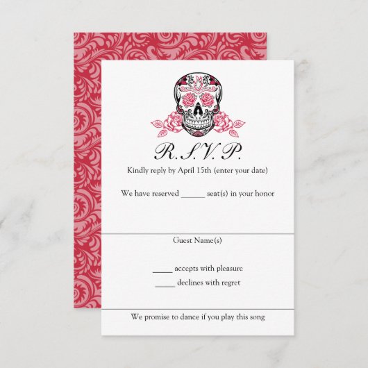 RSVPカードを結婚しているバラが付いている砂糖のスカル 出欠カード (正面/裏面)