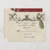 RSVPカードを結婚しているヴィンテージの孔雀及びエッチング 出欠カード (正面/裏面)