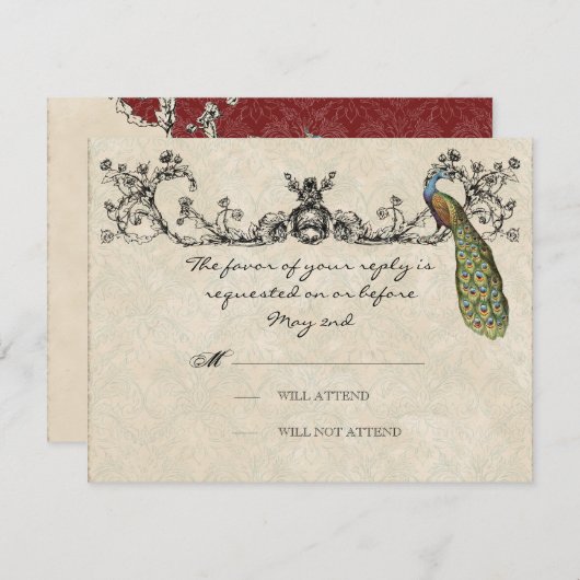 RSVPカードを結婚しているヴィンテージの孔雀及びエッチング 出欠カード (正面/裏面)