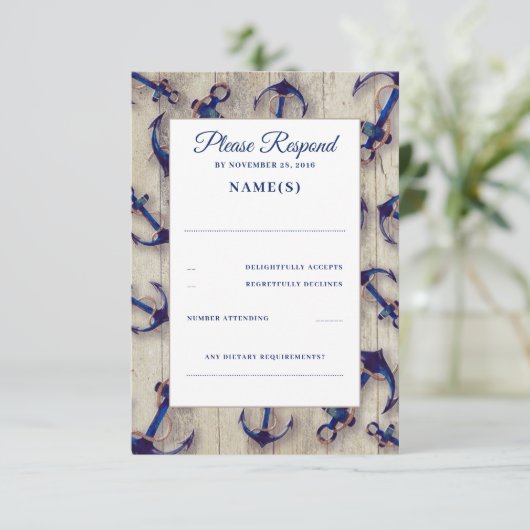 RSVPカードを結婚している流木および濃紺のいかり 出欠カード (スタンド正面)