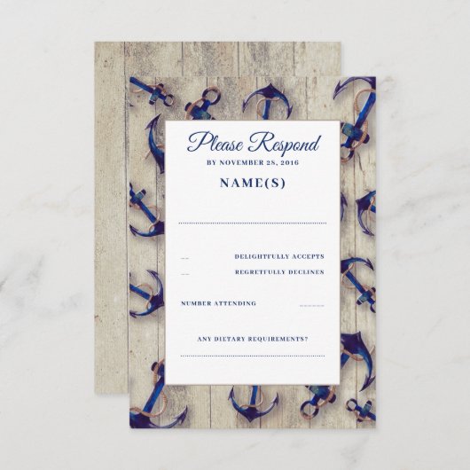 RSVPカードを結婚している流木および濃紺のいかり 出欠カード (正面/裏面)