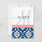 RSVPカードを結婚している濃紺のダマスク織の珊瑚のイニシャル 出欠カード (正面)