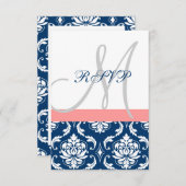 RSVPカードを結婚している濃紺のダマスク織の珊瑚のイニシャル 出欠カード (正面/裏面)