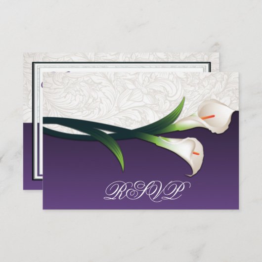 RSVPカードを結婚している紫色、白い銀製のオランダカイウユリ 出欠カード (正面/裏面)