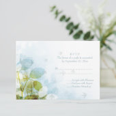 RSVPカードを結婚している青いオリーブ色の群葉の鳥 出欠カード (スタンド正面)