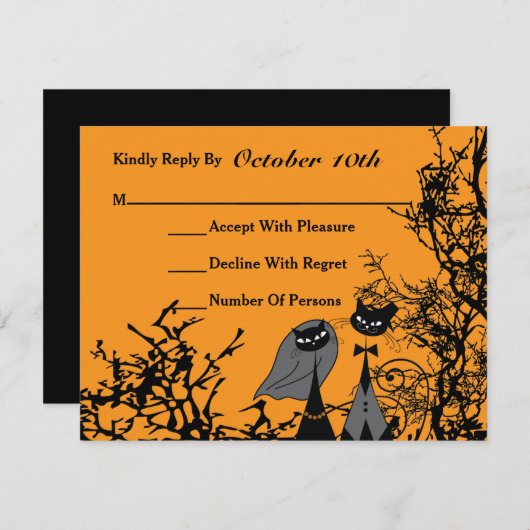 RSVPカードを結婚しているHallowedding猫 出欠カード (正面/裏面)