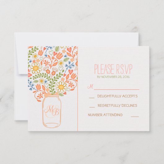 RSVPカードを結婚するかわいい花のメーソンジャー 出欠カード (正面)