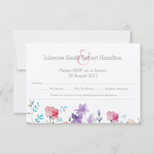 RSVPカードを結婚するかわいらしい野生の花の水彩画 出欠カード (正面)
