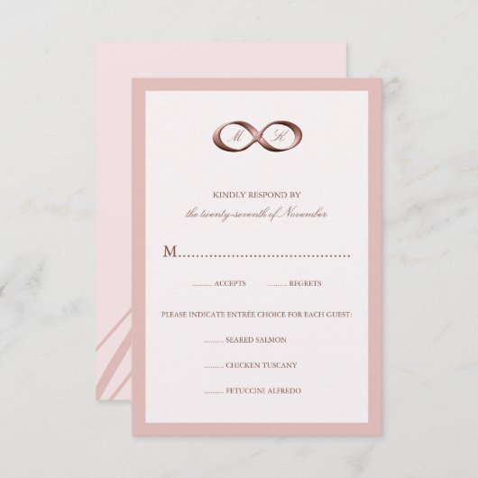RSVPカードを結婚するばら色の金ゴールドの無限手の止め金 出欠カード (正面/裏面)