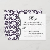 RSVPカードを結婚するエレガントなプラムダマスク織のハート 出欠カード (正面/裏面)