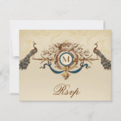RSVPカードを結婚するエレガントな孔雀のモノグラムのヴィンテージ 出欠カード (正面)