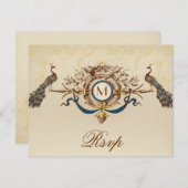 RSVPカードを結婚するエレガントな孔雀のモノグラムのヴィンテージ 出欠カード (正面/裏面)