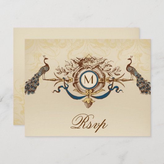 RSVPカードを結婚するエレガントな孔雀のモノグラムのヴィンテージ 出欠カード (正面/裏面)