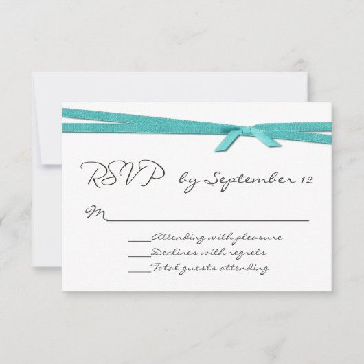 RSVPカードを結婚するシックなターコイズのリボン 出欠カード (正面)