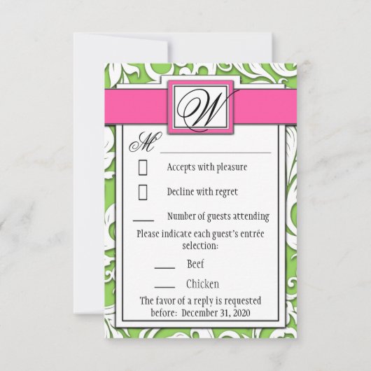 RSVPカードを結婚するショッキングピンク及びライムグリーンのダマスク織 出欠カード (裏面)