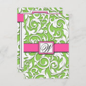 RSVPカードを結婚するショッキングピンク及びライムグリーンのダマスク織 出欠カード (正面/裏面)