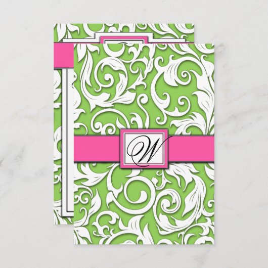 RSVPカードを結婚するショッキングピンク及びライムグリーンのダマスク織 出欠カード (正面/裏面)