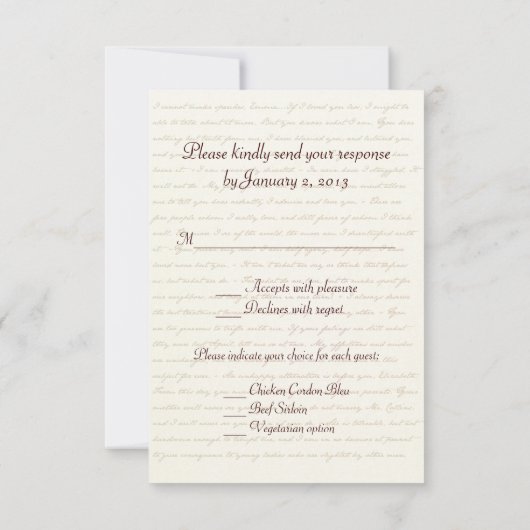 RSVPカードを結婚するジェーンAustenの執権期間 出欠カード (裏面)