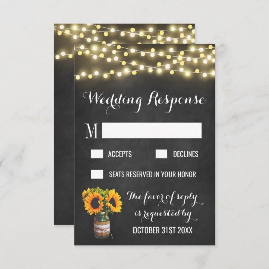 RSVPカードを結婚するヒマワリの黒板の国 出欠カード (正面/裏面)