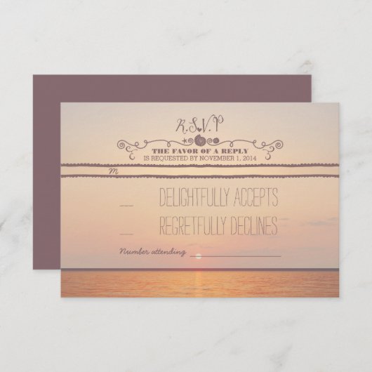 RSVPカードを結婚するビーチの日没 出欠カード (正面/裏面)