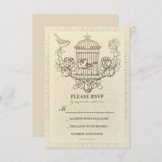 RSVPカードを結婚するヴィンテージ愛鳥籠 出欠カード (正面/裏面)