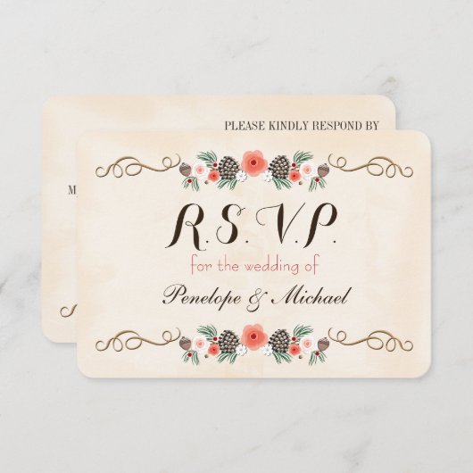RSVPカードを結婚するヴィンテージChristma花のPinecone 出欠カード (正面/裏面)
