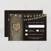 RSVPカードを結婚する切り分けられたイニシャルの古いオークの木 出欠カード (正面/裏面)