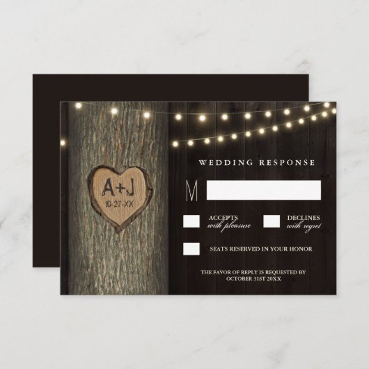 RSVPカードを結婚する切り分けられたイニシャルの古いオークの木 出欠カード (正面/裏面)