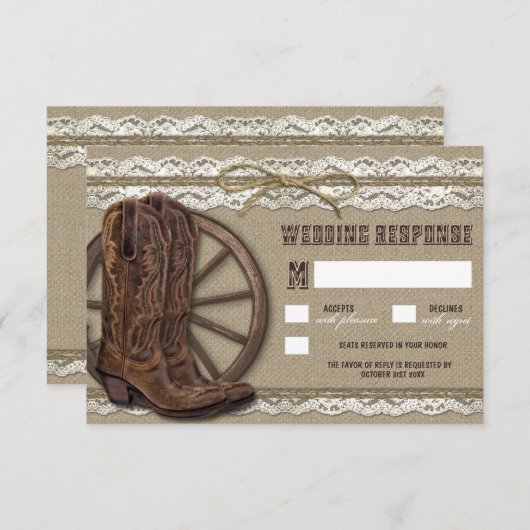 RSVPカードを結婚する国の素朴なバーラップおよびレース 出欠カード (正面/裏面)