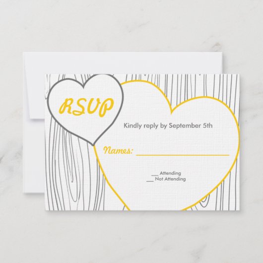 RSVPカードを結婚する木製の穀物-黄色および灰色 出欠カード (正面)