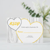 RSVPカードを結婚する木製の穀物-黄色および灰色 出欠カード (スタンド正面)