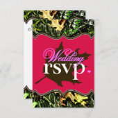 RSVPカードを結婚する氏及びHunting Camo夫人のショッキングピンク 出欠カード (正面/裏面)