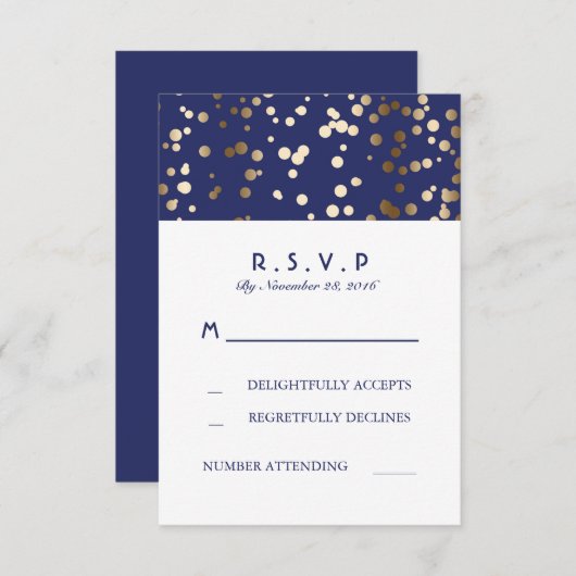 RSVPカードを結婚する海軍および金ゴールドの紙吹雪 出欠カード (正面/裏面)