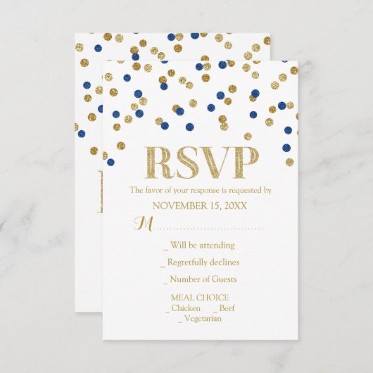 RSVPカードを結婚する濃紺の金ゴールドの紙吹雪 出欠カード (正面/裏面)