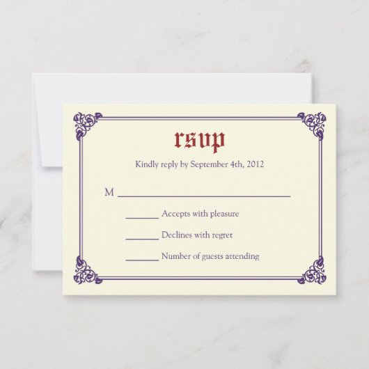 RSVPカードを結婚する物語の本のおとぎ話-赤か紫色 出欠カード (正面)