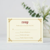 RSVPカードを結婚する物語の本のおとぎ話-赤か金ゴールド 出欠カード (スタンド正面)