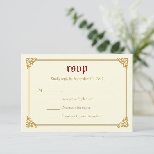 RSVPカードを結婚する物語の本のおとぎ話-赤か金ゴールド 出欠カード (スタンド正面)