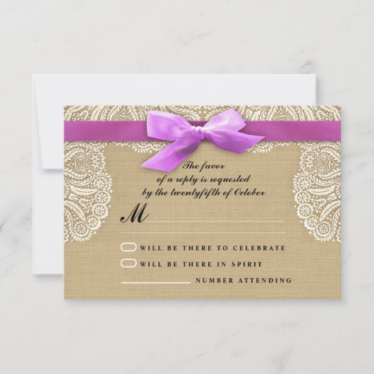 RSVPカードを結婚する白いレースのリボンおよびバーラップ 出欠カード (正面)