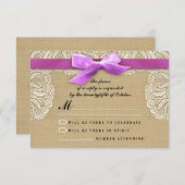 RSVPカードを結婚する白いレースのリボンおよびバーラップ 出欠カード (正面/裏面)