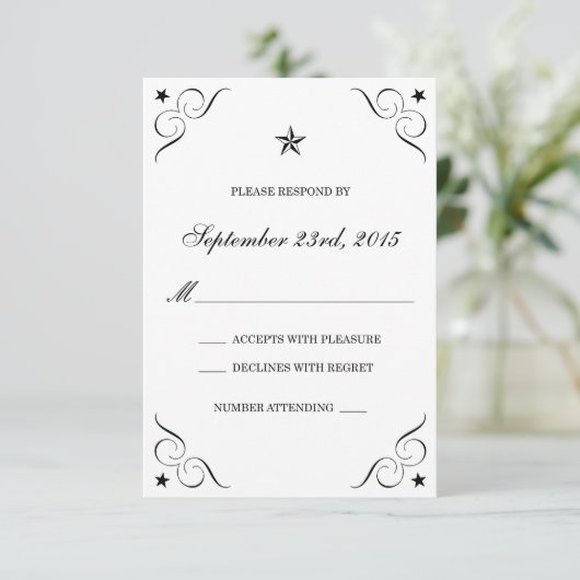 RSVPカードを結婚する白くおよび黒い単独星 出欠カード (スタンド正面)