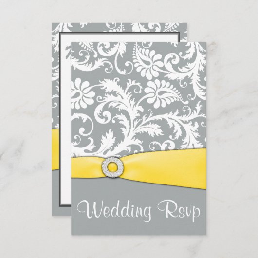 RSVPカードを結婚する白く黄色および灰色のダマスク織 出欠カード (正面/裏面)