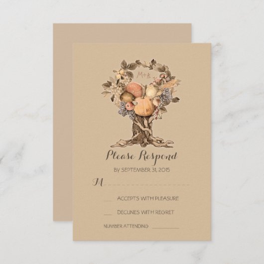 RSVPカードを結婚する秋の木 出欠カード (正面/裏面)
