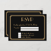 RSVPカードを結婚する素晴らしいGatsbyのアールデコの黒の金ゴールド 出欠カード (正面/裏面)