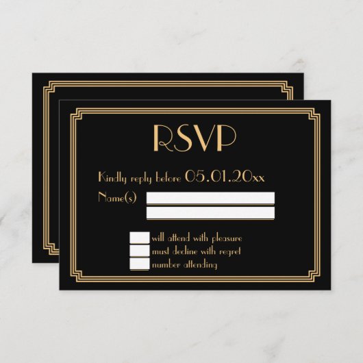 RSVPカードを結婚する素晴らしいGatsbyのアールデコの黒の金ゴールド 出欠カード (正面/裏面)