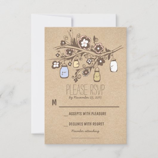 RSVPカードを結婚する素朴でファンシーな花のメーソンジャー 出欠カード (正面)