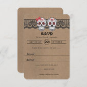 RSVPカードを結婚する素朴なクラフト及びレースの砂糖のスカル 出欠カード (正面/裏面)